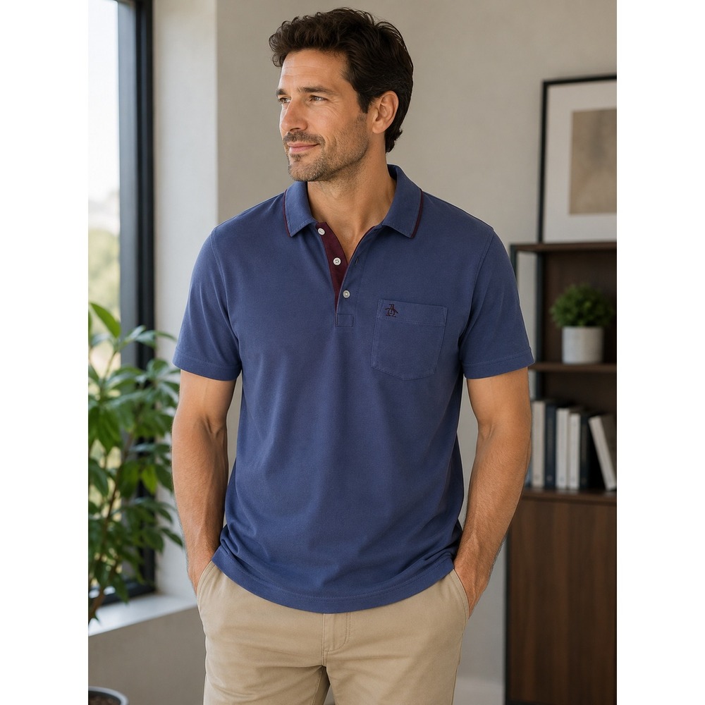 Original Penguin Mens Heritage Slim Fit Polo Shirt Blue Short Sleeve Small